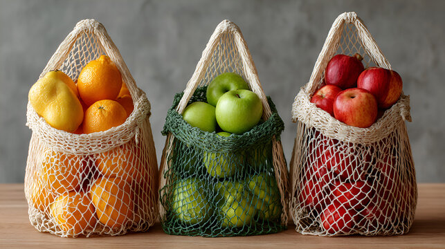 Assorted Fresh Produce in Eco-Friendly Mesh Bags, Sustainable Shopping with Zero Waste Food Storage, Colorful Fruits and Vegetables Organized in Cotton Net Bags - Powered by Adobe