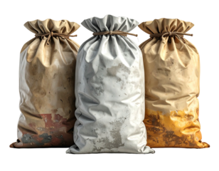 Three old cloth sacks stand side-by-side, tied at the top, with worn and stained textures on a black background