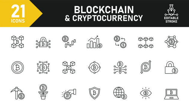 Cryptocurrency line icon set. Set of 21 outline icons related to crypto currency, bitcoin, blockchain technology, NFT, mining, payment, exchange and others. Editable stroke. Vector illustration.