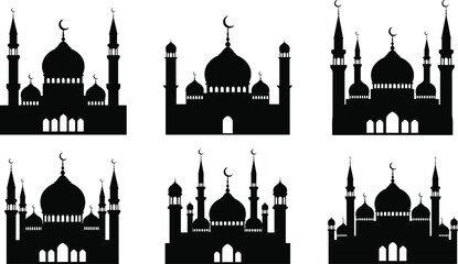 Islamic mosque silhouette, black architecture icons, crescent moon minarets, religious building design, Muslim culture, vector art, spiritual landmark illustration