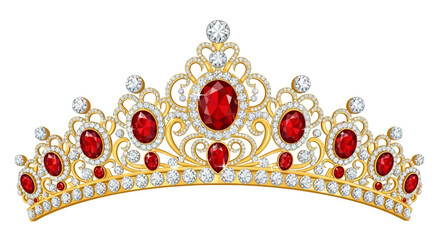 Luxurious Golden Tiara Adorned with Sparkling Gemstones and Vibrant Red Rubies, Embodying Royalty and Grandeur for Special Celebrations © Avra