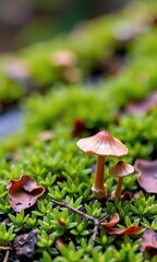 Fototapeta premium Earthy fungi sprout from a verdant carpet of soft moss, a miniature woodland scene, nature, ecosystem