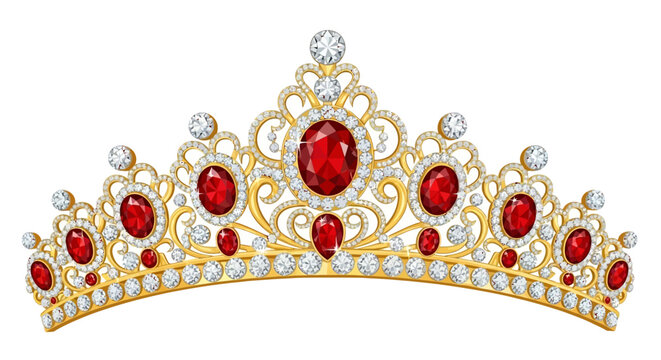 Luxurious Golden Tiara Adorned with Sparkling Gemstones and Vibrant Red Rubies, Embodying Royalty and Grandeur for Special Celebrations - Powered by Adobe