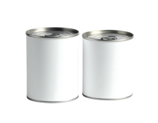 Two metal cans stand side-by-side with pristine white labels, lid rings visible on top against a solid black background