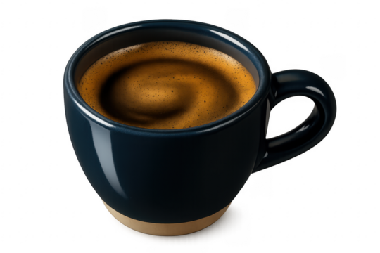 Dark blue cup with rich espresso coffee