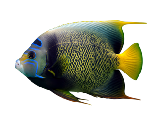 A stunning exotic marine angelfish showcasing its vibrant yellow fins and intricate blue facial markings, perfectly isolated on a pure white background for easy editing