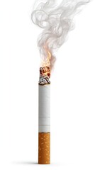 A close-up of a burning cigarette with smoke rising and ashes scattered on a clean white surface, representing health risks, addiction, and the dangers of smoking.