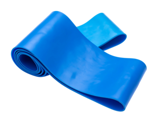 Rolled, flat, azure and turquoise rubber resistance band on black background, showing texture and depth