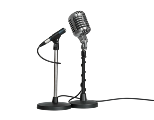 Two mics, a vintage silver dynamic mic and a modern black condenser mic, on stands against a stark black background