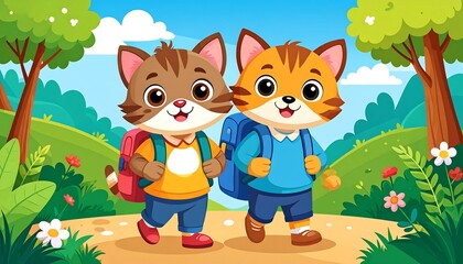 Cheerful feline friends on a scenic path carrying backpacks