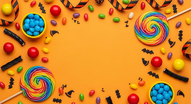 Halloween candy and sweets arranged on an orange background with festive ribbon and spooky decorations, flat lay with copy space
