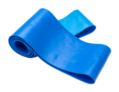 Rolled, flat, azure and turquoise rubber resistance band on black background, showing texture and depth