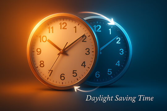 Concept of daylight saving time change with glowing clocks showing transition between night and day in warm cool tones