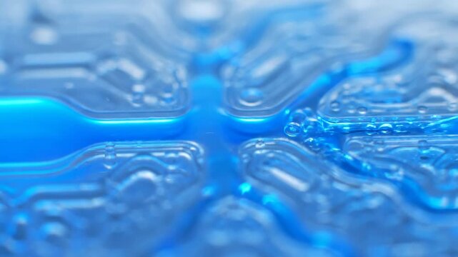 Macro close-up of intricate microfluidic channels with glowing blue liquid flowing and interacting on a diagnostic chip channels, medical research, microscopy