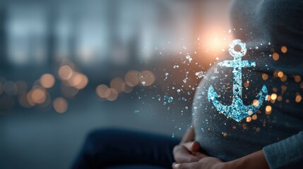 A pregnant woman"s belly is highlighted with an artistic anchor design, symbolizing hope and new beginnings among soft, blurred lights.