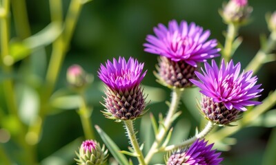 Fototapeta premium Vibrant purple Marian thistle blooms, a striking botanical detail in nature, bloom, summer, wild