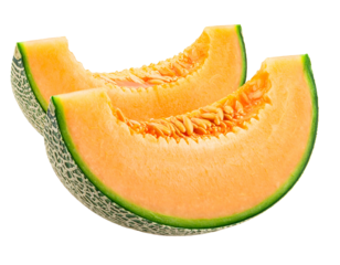 Two cantaloupe slices, vibrant orange flesh with seeds, against a dark backdrop