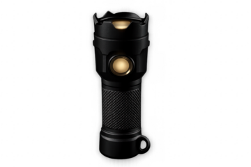 Black metal tactical flashlight with glowing LED button