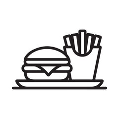 Simple line art icon of a burger and french fries on a plate