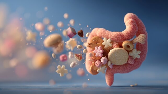 A whimsical portrayal of a stomach releasing colorful, sweet treats, blending the concepts of digestion and indulgence in a playful manner.