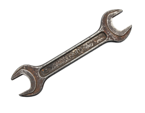 Rusty open-ended wrench, gray-brown metal with signs of wear and tarnish, isolated on black - Powered by Adobe