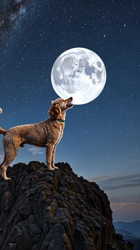 A Majestic Dog Stands on a Mountain Peak Under a Starry Sky, Positioned Against a Bright Full Moon, Creating a Beautiful and Mystical Nighttime Scene