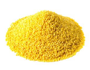 Pile of millet; small yellow grains heaped against a dark background, creating contrasting texture and vibrant color