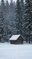 Snow-covered rustic cabin nestled deep in a silent forest during a cold, peaceful winter day, illuminated by soft natural light ,architecture ,frosty ,cozy