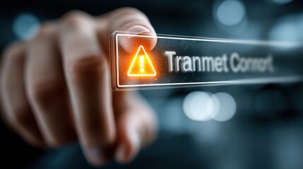 A hand points at a glowing warning sign labeled "Tranmet Control," suggesting an alert or caution related to a digital or technological interface.