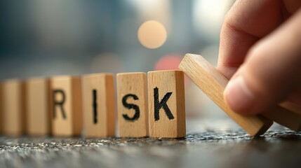 A hand rearranges wooden blocks spelling "RISK," highlighting the concept of risk management and decision-making.