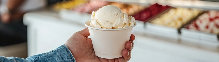 A person holding a delicious scoop of ice cream in a cup at a vibrant ice cream shop.