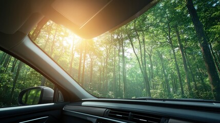 A serene view from a car window, showcasing a lush forest bathed in golden sunlight.