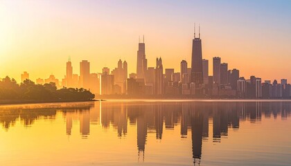 Fototapeta premium Chicago Skyline During Golden Hour Sunrise Reflection Over Lake Michigan With Trees And Mist