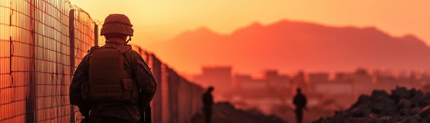 A soldier stands sentinel against a stunning sunset backdrop in a tense environment.