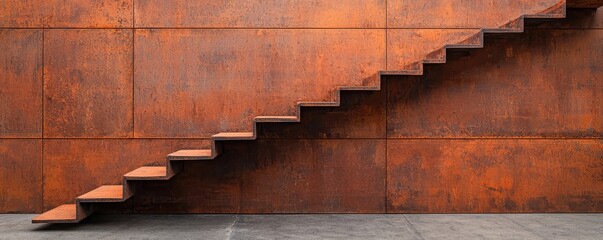 A sleek staircase against a textured rusty wall showcasing modern architectural design.