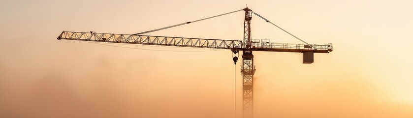 A towering construction crane silhouetted against a colorful sunset sky.