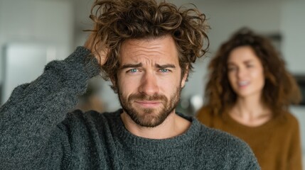 A man with tousled hair looks concerned, while a woman with curly hair appears to be in the background, indicating a tense situation.