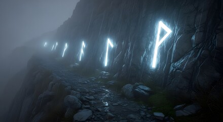 Mysterious Glowing Runes in a Dark Foggy Cave with Water.