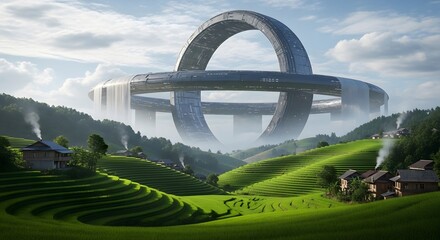 Futuristic Ring Structure Hovering Over Lush Green Hills and Terraced Fields.