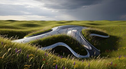 Futuristic Eco-Friendly Building Integrated into Rolling Green Landscape.