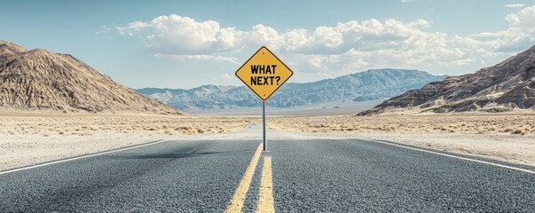 Empty road signifying a journey with the question, 'What next?' in vast landscape.