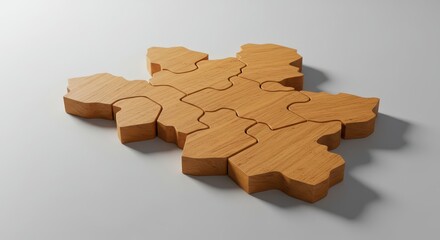 Fototapeta premium Geometric wooden puzzle piece representing a territorial subdivision, isolated on a clean surface, emphasizing boundaries and interlocking shapes ,fitting ,game ,strategy