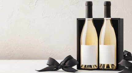 Elegant wine packaging featuring two bottles in a stylish black box and ribbon.