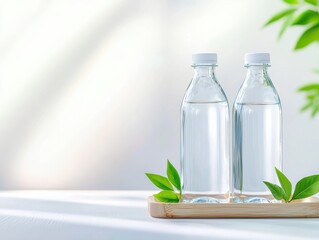 Fresh, clean water bottles presented with green leaves on a light background.