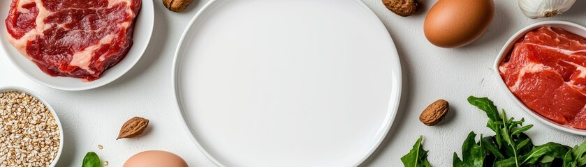 Fresh ingredients artfully arranged around a blank plate for culinary presentation.