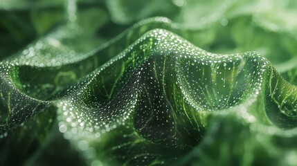 4.A detailed macro image capturing the vivid texture of a green leaf with numerous water droplets clinging to its surface, creating a sparkling, dewy effect.