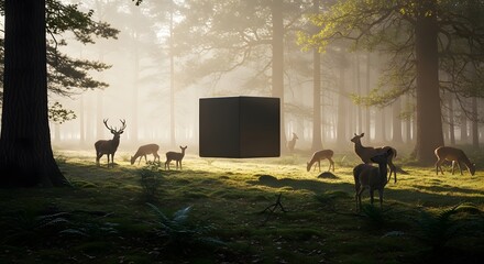Deer in the Forest: A Serene Morning Scene with Sunlit Glade.