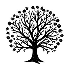 Minimalist scalable vector illustration of a snow covered maple tree with star shaped snowflakes