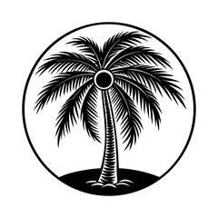 Stylized black and white vector illustration of a round palm tree with a hollow trunk icon