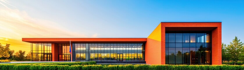 Modern architectural design showcasing vibrant colors and large glass windows.